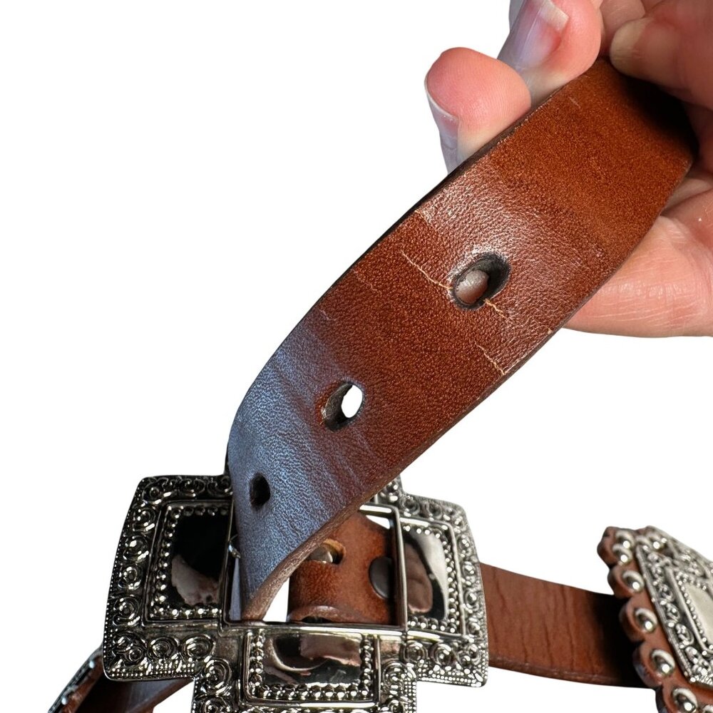 Vintage 80s Leather Concho Belt Brown Silver Hardware Heavy Western Large - Picture 7 of 10